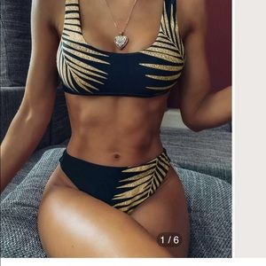 Gold palm tree design bikini from SHEIN. High waisted bottoms. So cute!!